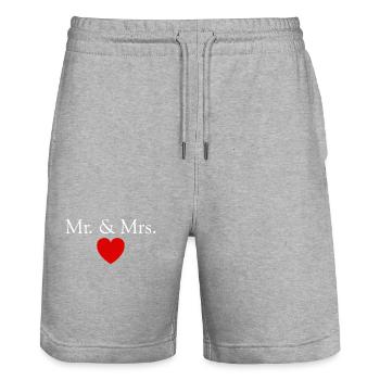 Mr. & Mrs. Herz Hochzeit Heirat Liebespaar - Stanley/Stella Unisex Bio Joggingshorts Trainer  - Grau meliert - Vorne - Nik (191cm) & Marisol (170cm)