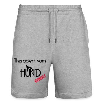 Therapiert vom Hund Hunde Tier Haustier Geschenk - Stanley/Stella Unisex Bio Joggingshorts Trainer  - Grau meliert - Vorne - Nik (191cm) & Marisol (170cm)