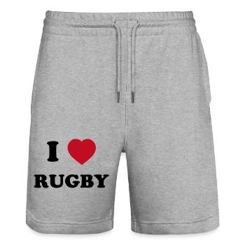 I Love Rugby - Stanley/Stella Trainer Unisex Organic Jogging Shorts - heather grey - Front - Nik (191cm) & Marisol (170cm)