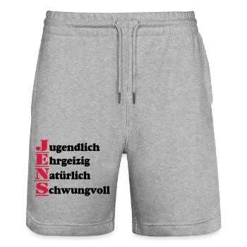Jens , Vorname,Namensschild,Name,Fun Shirt (25) - Stanley/Stella Unisex Bio Joggingshorts Trainer  - Grau meliert - Vorne - Nik (191cm) & Marisol (170cm)