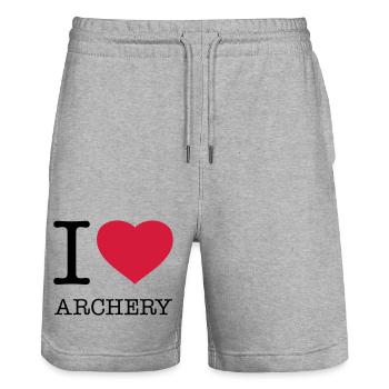 I LOVE ARCHERY Bogenschießen Pfeil und Bogen - Stanley/Stella Unisex Bio Joggingshorts Trainer  - Grau meliert - Vorne - Nik (191cm) & Marisol (170cm)