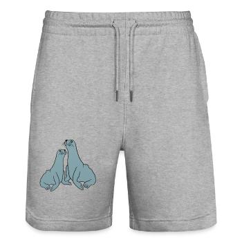 Illustration de phoque ludique - Short de jogging bio TRAINER Stanley/Stella unisexe - gris chiné - Devant - Nik (191cm) & Marisol (170cm)