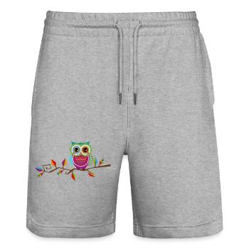 farbenfrohe Eule sitzt auf einem herbstlichen Ast - Stanley/Stella Unisex Bio Joggingshorts Trainer  - Grau meliert - Vorne - Nik (191cm) & Marisol (170cm)