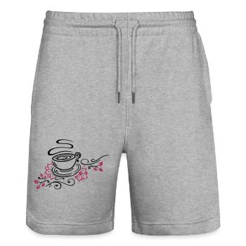 Thé, tasse à thé, thé, fleurs de cerisier - Short de jogging bio TRAINER Stanley/Stella unisexe - gris chiné - Devant - Nik (191cm) & Marisol (170cm)
