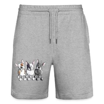 Three French Bulldogs - Bulldog - Dog - Stanley/Stella Trainer Unisex Organic Jogging Shorts - heather grey - Front - Nik (191cm) & Marisol (170cm)