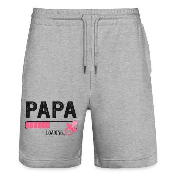 dad loading father-to-be pregnancy - Stanley/Stella Trainer Unisex Organic Jogging Shorts - heather grey - Front - Nik (191cm) & Marisol (170cm)