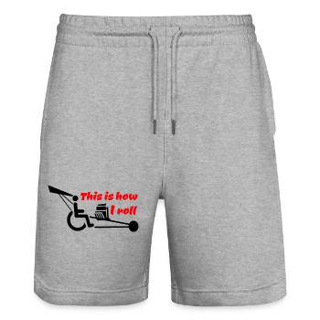 Voici comment je roule avec mon fauteuil roulant avec moteur V8 # - Short de jogging bio TRAINER Stanley/Stella unisexe - gris chiné - Devant - Nik (191cm) & Marisol (170cm)
