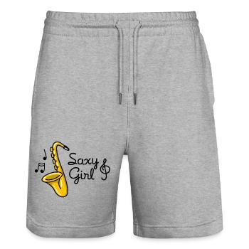 Saxy girl - Sexy fille saxophone pun - Short de jogging bio TRAINER Stanley/Stella unisexe - gris chiné - Devant - Nik (191cm) & Marisol (170cm)