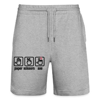Papier - Ciseaux - hache - pierre - bûcheron - Short de jogging bio TRAINER Stanley/Stella unisexe - gris chiné - Devant - Nik (191cm) & Marisol (170cm)