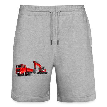 Construction site with excavator and dump truck - Stanley/Stella Trainer Unisex Organic Jogging Shorts - heather grey - Front - Nik (191cm) & Marisol (170cm)