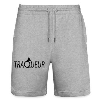 T-shirt TRAQUEUR personnalisable avec votre texte - Short de jogging bio TRAINER Stanley/Stella unisexe - gris chiné - Devant - Nik (191cm) & Marisol (170cm)