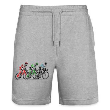 Three cyclists on the move - Stanley/Stella Trainer Unisex Organic Jogging Shorts - heather grey - Front - Nik (191cm) & Marisol (170cm)