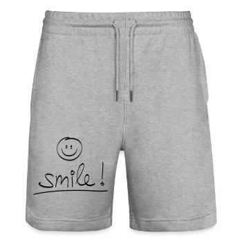 Manuscrit « SMILE ! » avec visage rieur - Short de jogging bio TRAINER Stanley/Stella unisexe - gris chiné - Devant - Nik (191cm) & Marisol (170cm)