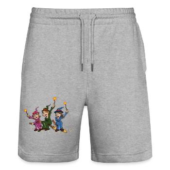 Illustration von 3 fröhlichen Hexen auf Besenstielen - Stanley/Stella Unisex Bio Joggingshorts Trainer  - Grau meliert - Vorne - Nik (191cm) & Marisol (170cm)