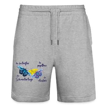 Papillons colorés, 4 langues - Short de jogging bio TRAINER Stanley/Stella unisexe - gris chiné - Devant - Nik (191cm) & Marisol (170cm)