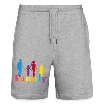 famille colorée,père,mère,fille et fils - Short de jogging bio TRAINER Stanley/Stella unisexe - gris chiné - Devant - Nik (191cm) & Marisol (170cm)