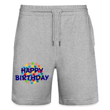 anniversary. HAPPY BIRTHDAY. Happy birthday. - Stanley/Stella Trainer Unisex Organic Jogging Shorts - heather grey - Front - Nik (191cm) & Marisol (170cm)