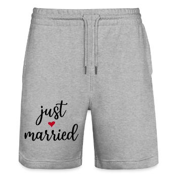 Just Married Gift Idea - Stanley/Stella Trainer Unisex Organic Jogging Shorts - heather grey - Front - Nik (191cm) & Marisol (170cm)
