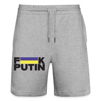 FK Putin Ukraine Flag for Peace - Stanley/Stella Trainer Unisex Organic Jogging Shorts - heather grey - Front - Nik (191cm) & Marisol (170cm)