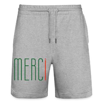 MERCi, Danke auf Französisch - Stanley/Stella Unisex Bio Joggingshorts Trainer  - Grau meliert - Vorne - Nik (191cm) & Marisol (170cm)
