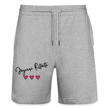 RETRAITE. BONNE RETRAITE. JOYEUSE RETRAITE. - Short de jogging bio TRAINER Stanley/Stella unisexe - gris chiné - Devant - Nik (191cm) & Marisol (170cm)