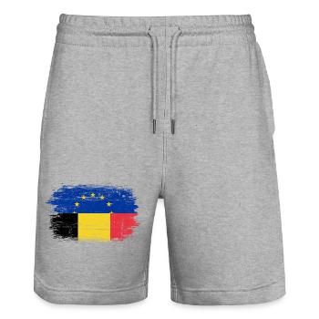 EU Romania Flag Fusion - Stanley/Stella Trainer Unisex Organic Jogging Shorts - heather grey - Front - Nik (191cm) & Marisol (170cm)