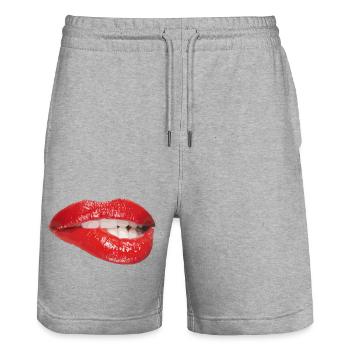 Art pop de morsure de lèvres cramoisie - Short de jogging bio TRAINER Stanley/Stella unisexe - gris chiné - Devant - Nik (191cm) & Marisol (170cm)