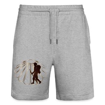 A pilgrim on a pilgrimage path with scallops - Stanley/Stella Trainer Unisex Organic Jogging Shorts - heather grey - Front - Nik (191cm) & Marisol (170cm)