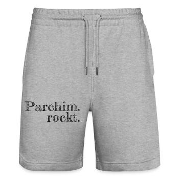 Parchim rockt - Textdesign mit Stadtnamen - Stanley/Stella Unisex Bio Joggingshorts Trainer  - Grau meliert - Vorne - Nik (191cm) & Marisol (170cm)