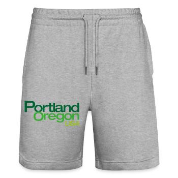 Portland, Oregon, USA Lettering - Stanley/Stella Trainer Unisex Organic Jogging Shorts - heather grey - Front - Nik (191cm) & Marisol (170cm)