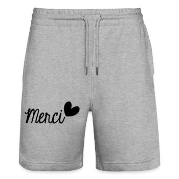 MERCI. THANKS. THANK YOU. ANNIVERSAIRE. NAISSANCE. - Short de jogging bio TRAINER Stanley/Stella unisexe - gris chiné - Devant - Nik (191cm) & Marisol (170cm)