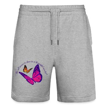 Neon Schmetterlingszauber - Stanley/Stella Unisex Bio Joggingshorts Trainer  - Grau meliert - Vorne - Nik (191cm) & Marisol (170cm)
