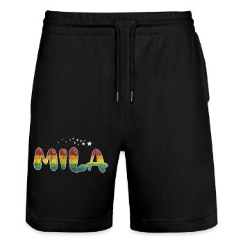 Vorname Mila Mädchenname Namensgeschenk - Stanley/Stella Unisex Bio Joggingshorts Trainer  - Schwarz - Vorne - Nik (191cm) & Marisol (170cm)