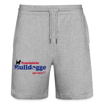 Französische Bulldogge Logo - Stanley/Stella Unisex Bio Joggingshorts Trainer  - Grau meliert - Vorne - Nik (191cm) & Marisol (170cm)