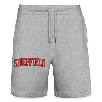 Sheffield Schriftzug Rot auf Schwarz - Stanley/Stella Unisex Bio Joggingshorts Trainer  - Grau meliert - Vorne - Nik (191cm) & Marisol (170cm)