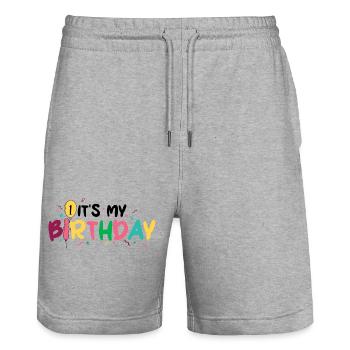 Birthday Burst: Colorful Lettering - Stanley/Stella Trainer Unisex Organic Jogging Shorts - heather grey - Front - Nik (191cm) & Marisol (170cm)