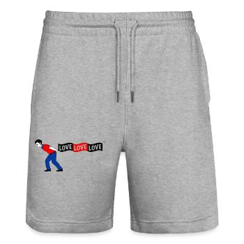Man pulls LOVE banner - Stanley/Stella Trainer Unisex Organic Jogging Shorts - heather grey - Front - Nik (191cm) & Marisol (170cm)