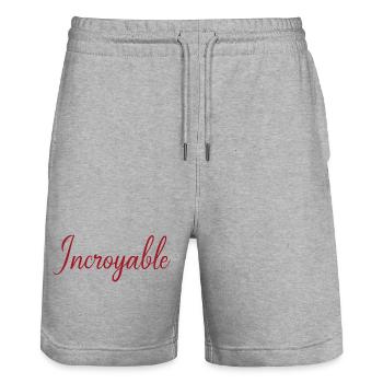Je suis Incroyable Script Rouge - Short de jogging bio TRAINER Stanley/Stella unisexe - gris chiné - Devant - Nik (191cm) & Marisol (170cm)