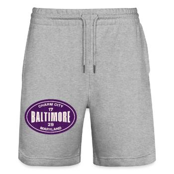 Emblème de Charm City Baltimore - Short de jogging bio TRAINER Stanley/Stella unisexe - gris chiné - Devant - Nik (191cm) & Marisol (170cm)