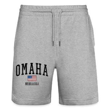 Motif Omaha, Nebraska USA avec drapeau - Short de jogging bio TRAINER Stanley/Stella unisexe - gris chiné - Devant - Nik (191cm) & Marisol (170cm)