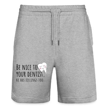 Be nice to your dentist - he has fillings too! - Stanley/Stella Trainer Unisex Organic Jogging Shorts - heather grey - Front - Nik (191cm) & Marisol (170cm)