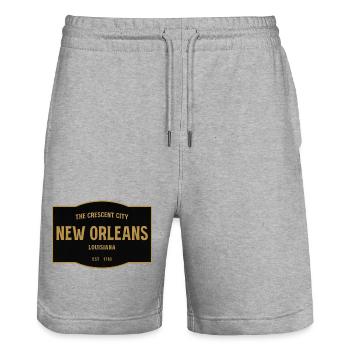 New Orleans Vintage Shield Gold - Stanley/Stella Trainer Unisex Organic Jogging Shorts - heather grey - Front - Nik (191cm) & Marisol (170cm)