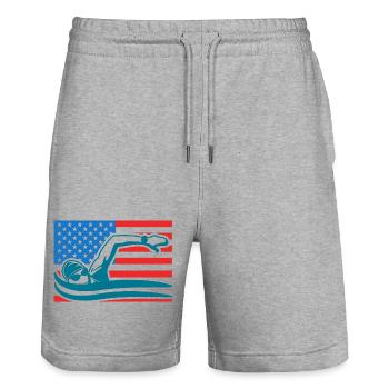 Schwimmen USA Flagge - Stanley/Stella Unisex Bio Joggingshorts Trainer  - Grau meliert - Vorne - Nik (191cm) & Marisol (170cm)