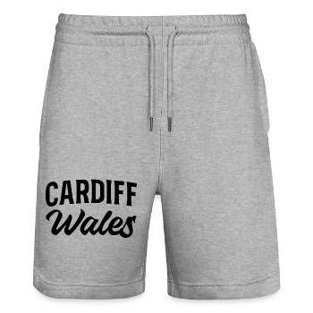 Cardiff Wales Retro Schriftzug - Stanley/Stella Unisex Bio Joggingshorts Trainer  - Grau meliert - Vorne - Nik (191cm) & Marisol (170cm)