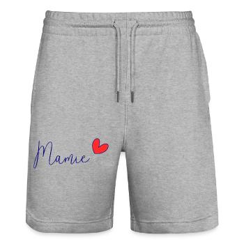 MAMIE. FÊTE DES MÈRES. BONNE FÊTE MAMIE. JE T'AIME - Short de jogging bio TRAINER Stanley/Stella unisexe - gris chiné - Devant - Nik (191cm) & Marisol (170cm)