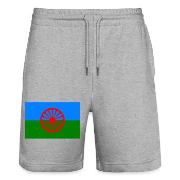 Romani Flag - Stanley/Stella Trainer Unisex Organic Jogging Shorts - heather grey - Front - Nik (191cm) & Marisol (170cm)