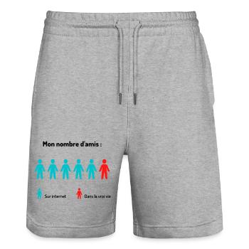 Cadeau humour: Amis Internet VS Amis réels - Short de jogging bio TRAINER Stanley/Stella unisexe - gris chiné - Devant - Nik (191cm) & Marisol (170cm)