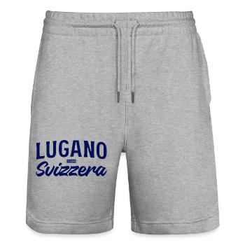 Lugano Svizzera Script Design - Short de jogging bio TRAINER Stanley/Stella unisexe - gris chiné - Devant - Nik (191cm) & Marisol (170cm)