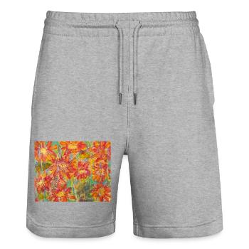 Living flower meadow in impression style - Stanley/Stella Trainer Unisex Organic Jogging Shorts - heather grey - Front - Nik (191cm) & Marisol (170cm)