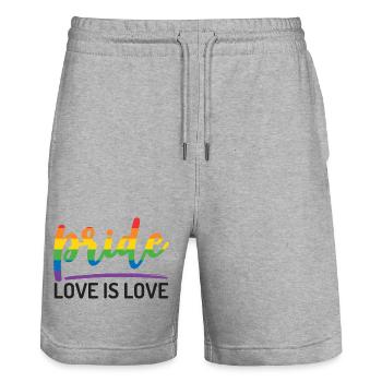 LGBTQ+ Pride. Love is Love. - Stanley/Stella Trainer Unisex Organic Jogging Shorts - heather grey - Front - Nik (191cm) & Marisol (170cm)